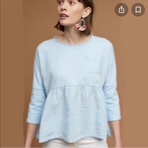Anthro Postmark Blue Linen Preplum Babydoll Top